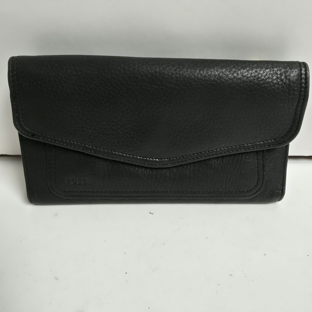 Fossil Black Leather Envelope Wallet Checkbook Clutch TriFold Snap Organizer